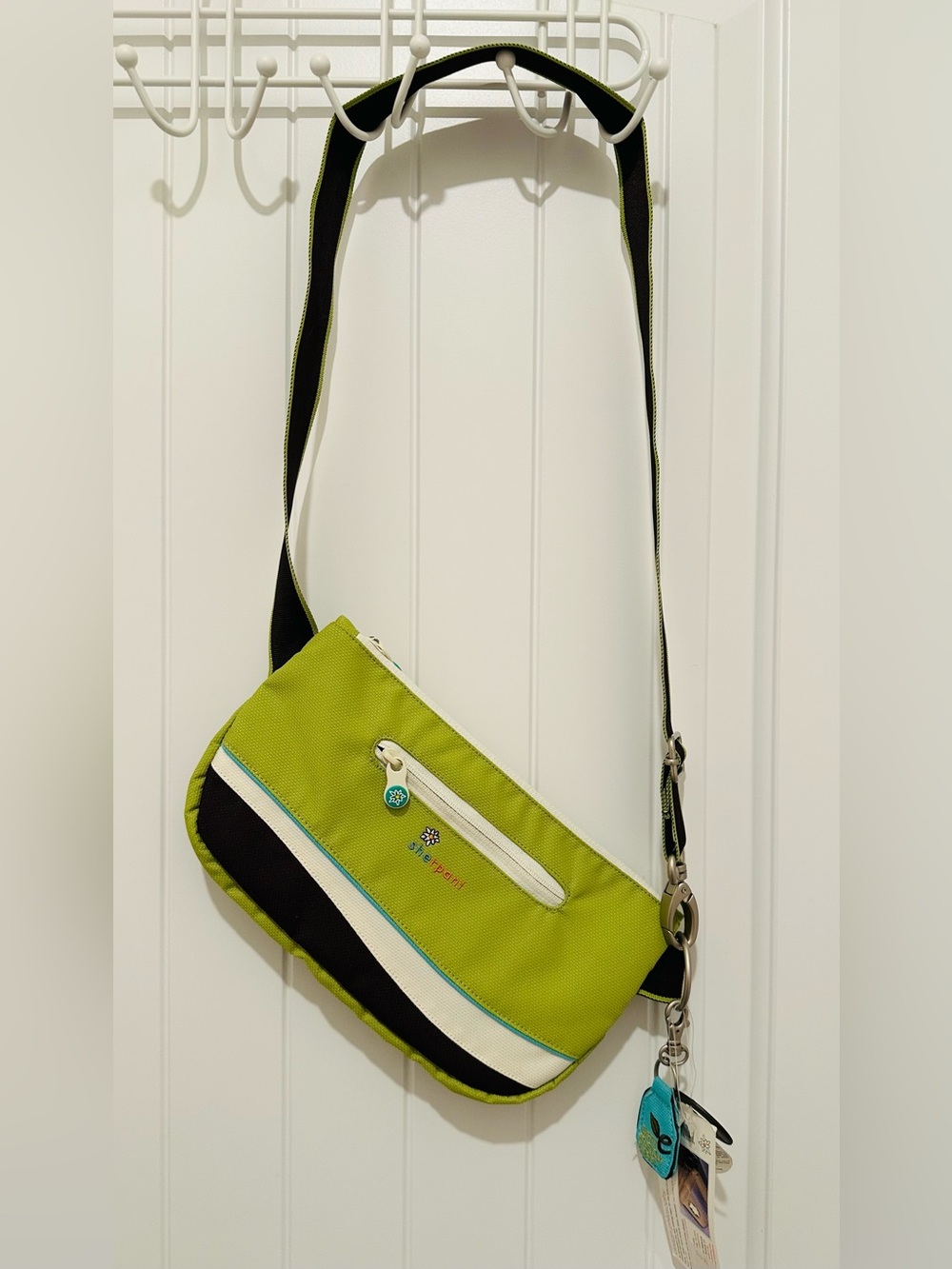 NWT Sherpani Lime Green Crossbody Bag with Black and White Accent Stripes